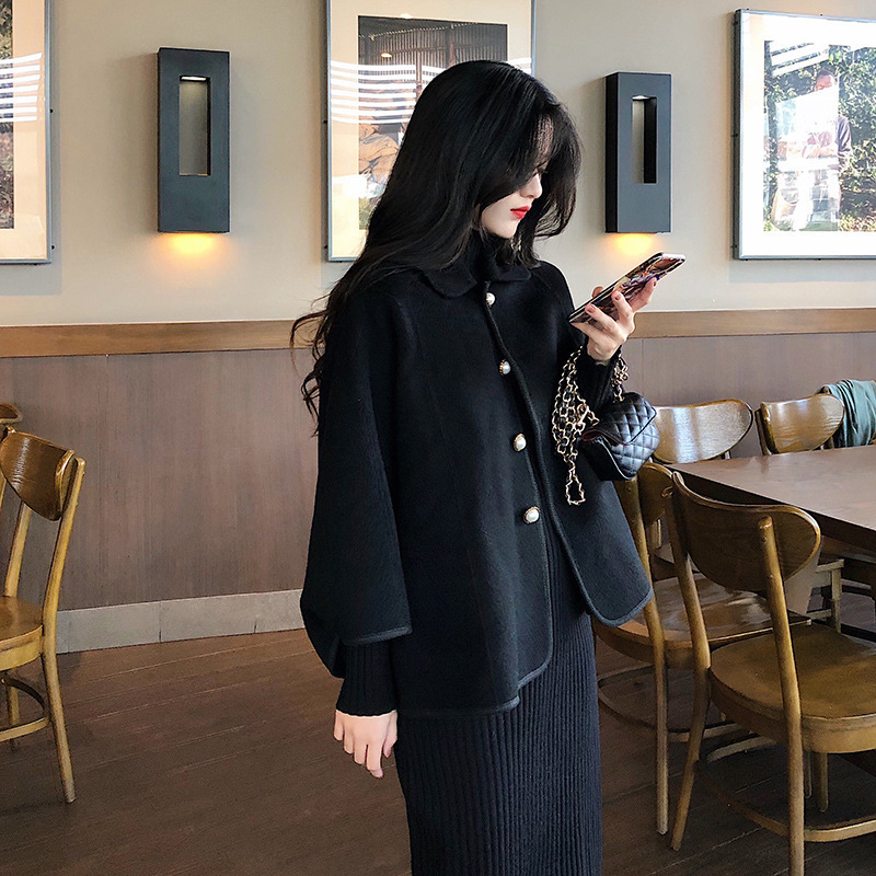 

Outono e inverno manga comprida vestido preto malha com estilo hepburn terno de duas peas, Black