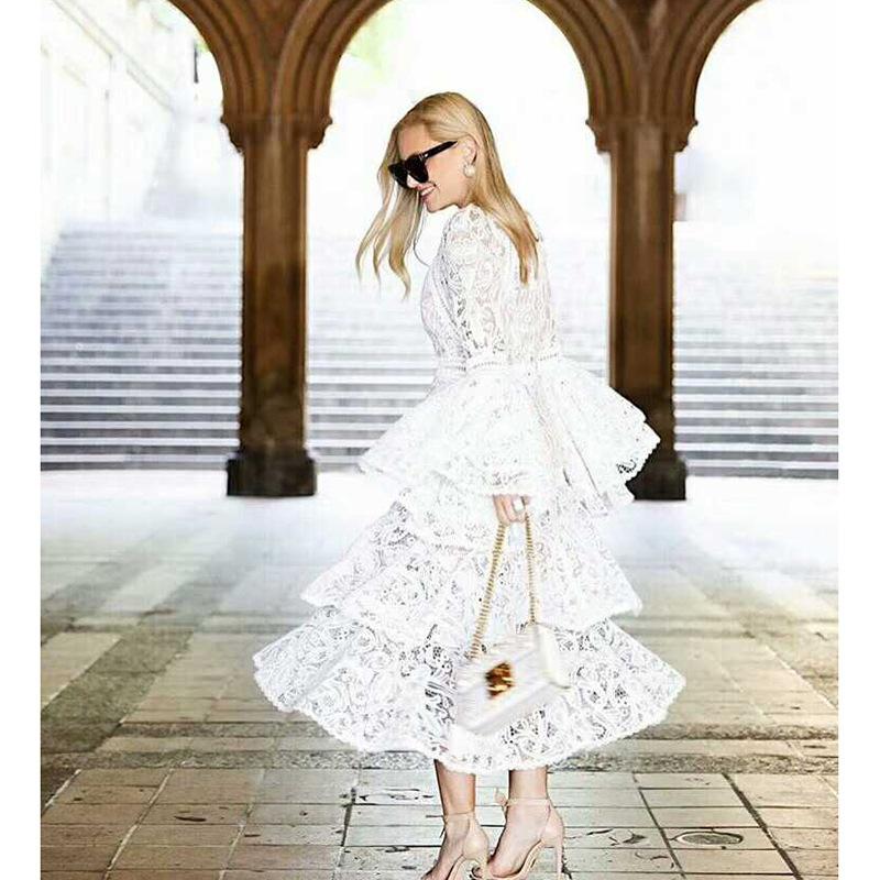 

Nes Vestidos Autumn Runway Women Sexy Lace Crochet White Ruffles Layered Dress Flare Long Sleeve Elegant Party Cake Long Dresses