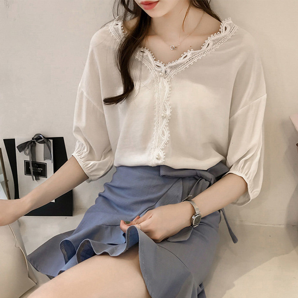 

2021 Japan Style Shirt Spring Summer New Korean Fashion Loose Simple Thin Best Chiffon Lace Splicing V-neck Short Sleeve 9SRI, Blue