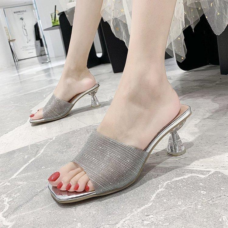 

Llogai Crystal High Heels Women's Slippers Summer Fashion Outer Wear Net Red Sandals and Slippers Square Toe Stiletto Slipper, Gun color