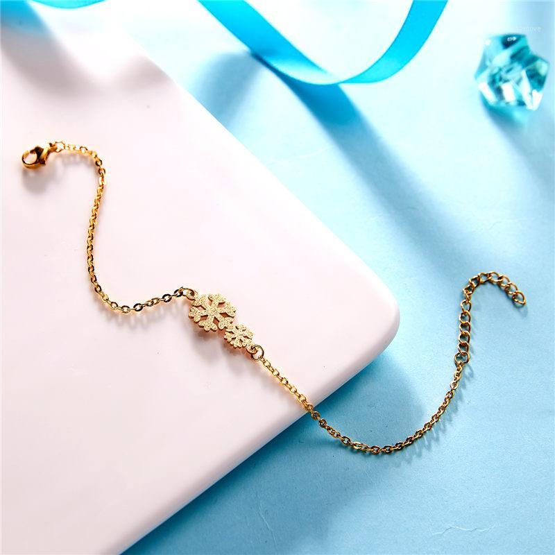 

New Two Snowflakes Scrub Stainless Steel Bracelet Golden Bangles Gift For Man Women1