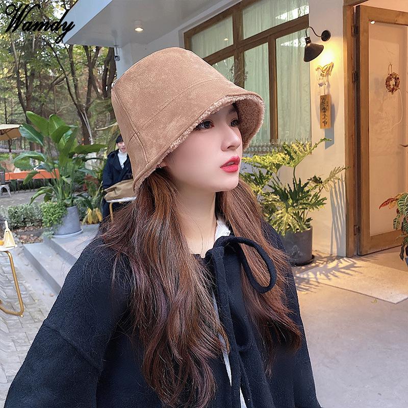

Winter hats women thick bucket hats Two side wear solid color lamb wool bucket hat warm panama caps Gifts, Black