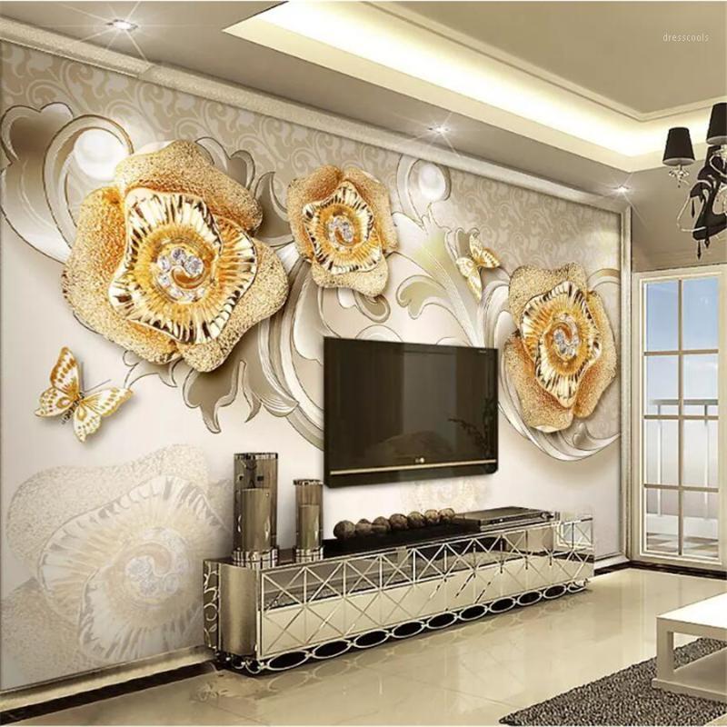 

Custom wallpaper 3D Photo Murals European Golden Rose Butterfly Living room restaurant TV Background Wall paper 3d murals1, As pic