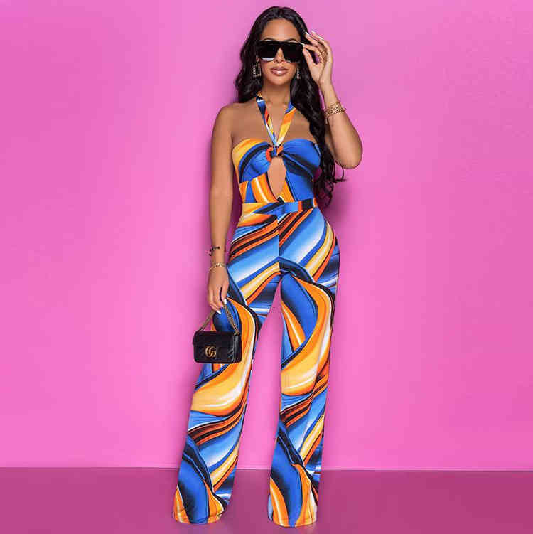 

Womens Fashion Street Sexy Color Printing Hanging Neck Open Back Loose One-piece Pants Jumpsuit, White