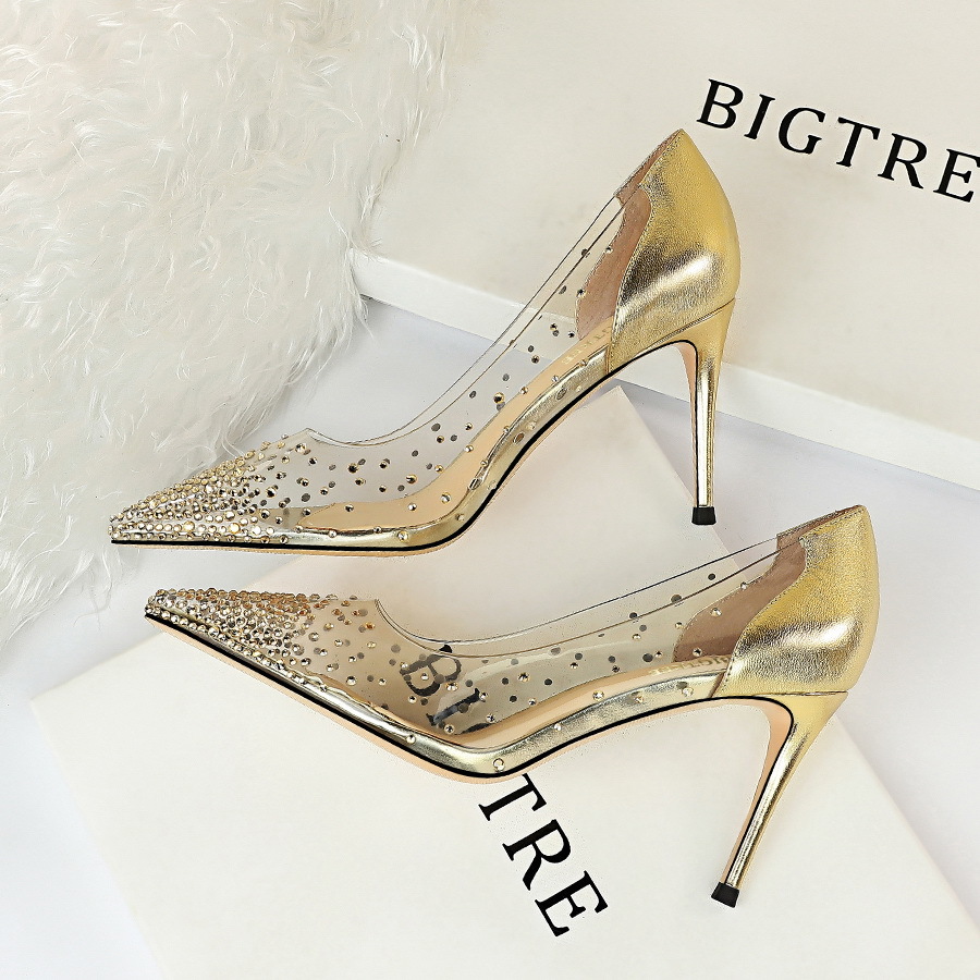 

2021New woman eight-inch high heels scarpins lady prom wedding transparent shoes crystal gold bully stripper jumps fetish bombs 9XJ9, Champagne