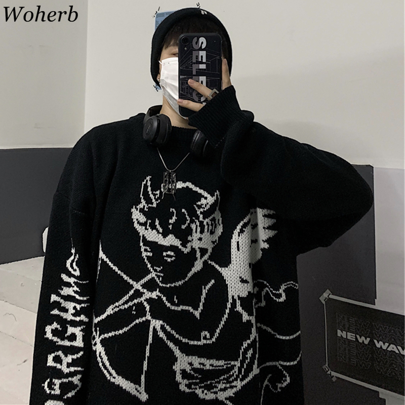 

Woherb Sweaters Women Streetwear Knitted Pullover Angel Jacquard Fashion Hip Hop Spring Autumn Harajuku Oversized Outwear Jumper, Black
