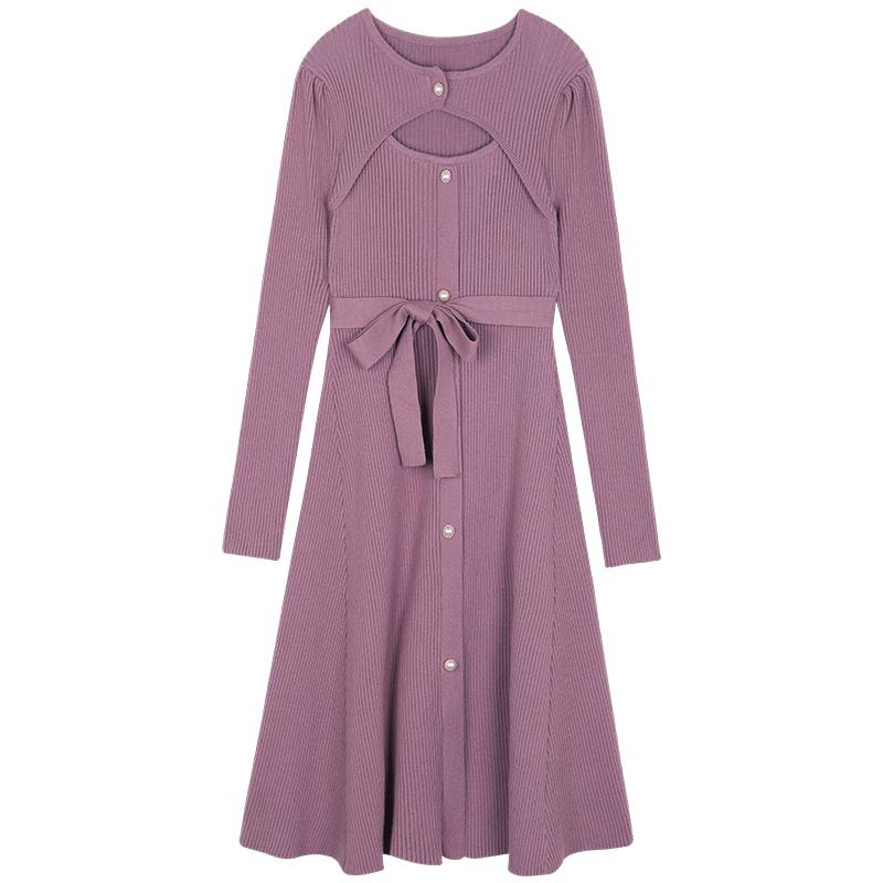 

Zoki Elegant Women Knit Dress Autumn Elastic Slim Hollow Out Sweater Midi Dress Long Sleeve Button A Line Casual Bandage Vestido, Beige