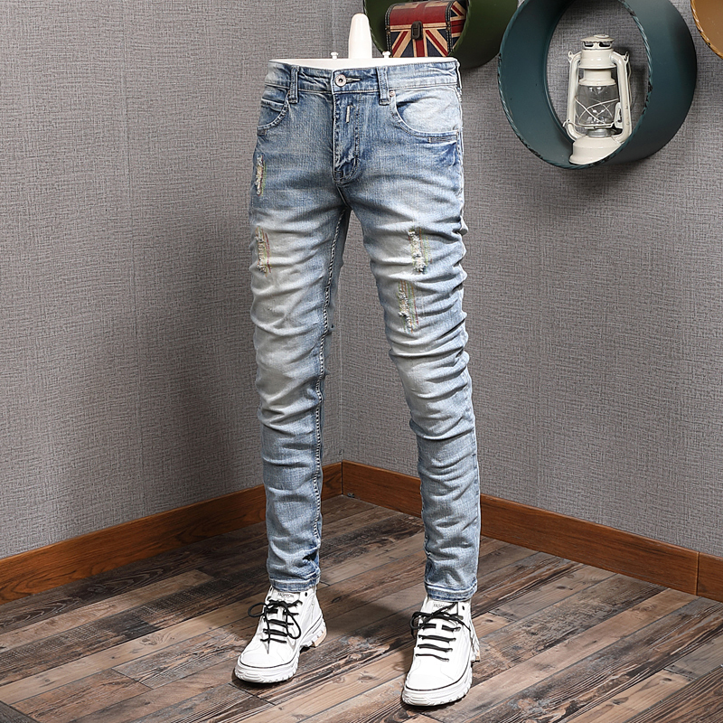 

2021 New Fashion Streetwear Men Jeans Retro Light Blue Elastic Cotton Slim Fit Ripped Denim Trousers Embroidery Designer Hip Hop Pants Rpqv