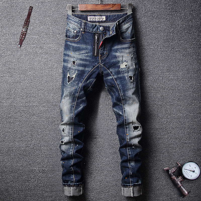 

2021 New Italian Fashion High Quality Retro Blue Slim Fit Ripped Men Spliced Designer Pants Streetwear Hip Hop K21d