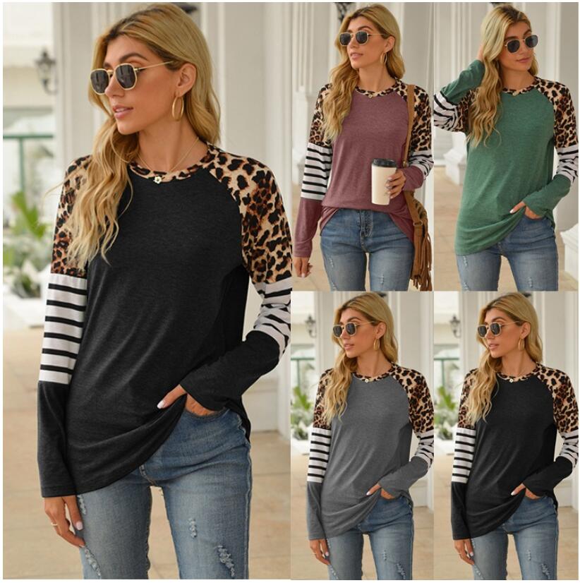 

2021 New popular women' wear in Europe and America in spring and summer of leopard pattern splicing long sleeve round neck T-shirt, Gray