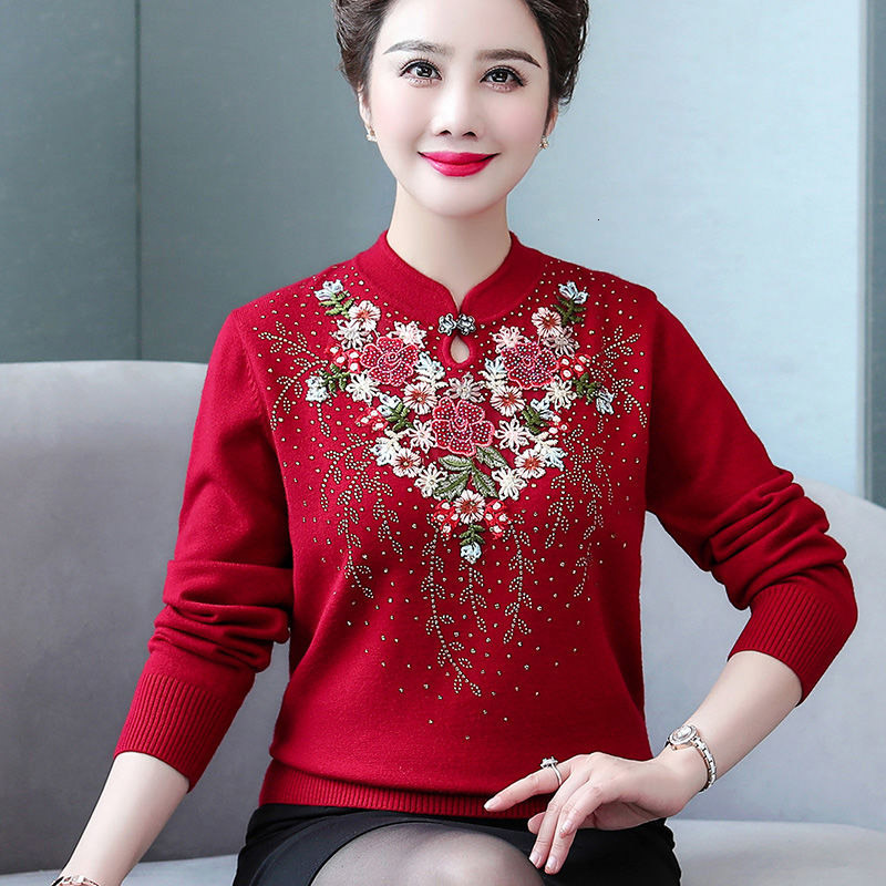 

High Quality Middle-aged New Autumn Embroidered Female Temperament Casual Mother Sweater R507 Jalj, Blue