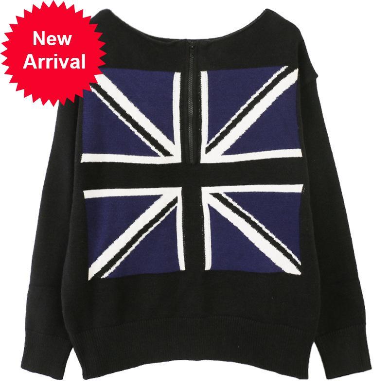

2021 New High Quality Female Winter Fashions Chic Stripe Flag Embroidered Zip Pullover Loose Sweater Luxury Jumper K1d0, White;black