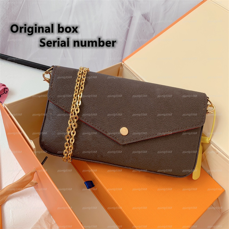 

Wholesale Chain Wallet Chain women's shoulder bag Evening Bag Handbag 3-piece genuine leather Set Mini postman Bag Clip Wallet With original box purse, Black embossing