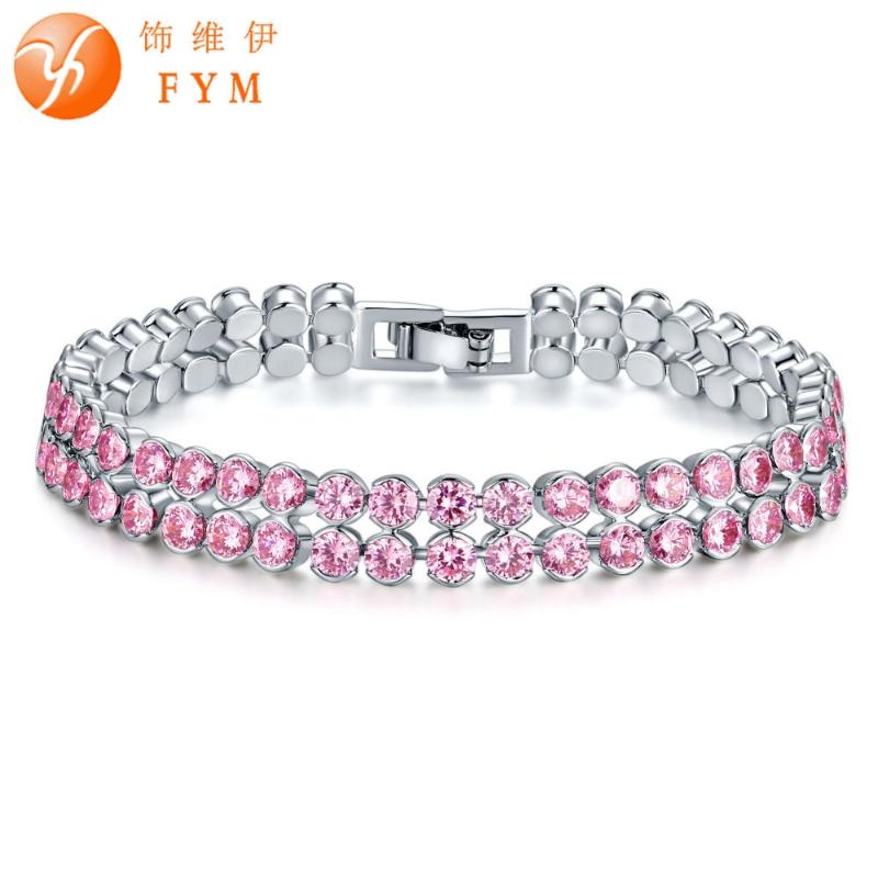 

FYM Brand 19CM 7 Colors Double Row Bracelets & Bangles Fashion Blue Cubic Zircon Silver Color Bracelet For Women Bijoux Femme
