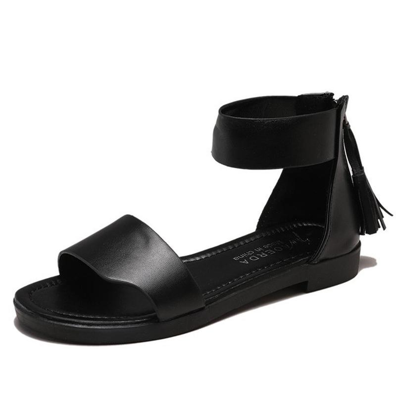 

Spring And Summer Women's Shoes Casual Flat Shoes Antiskid Sandals Flat Sandals Fringed Zipper Women's Open Toe, Black