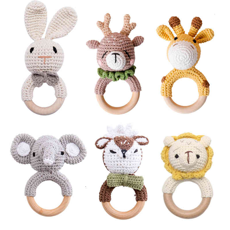 

1pc Baby Teether Music Rattles For Kids Animal Crochet Rattle Elephant Giraffe Ring Wooden Babies Gym Montessori Childrens Toys