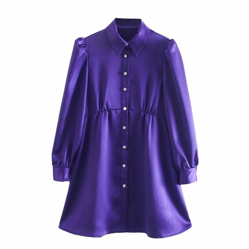 

Women Single Breasted Turndown Collar Shirt Dress Casual Femme Lantern Sleeve Clothes Lady Loose Vestido D6666, As pic