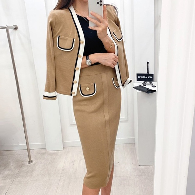 

2021 New Elegant Female Sets of Two Single Piece Slices Breasted Women's Pockets Cardigan Empire Elastic Waist Medium Long Pencil Skirt BMS6, Khaki.