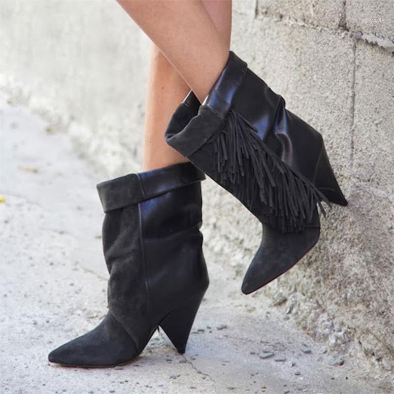 

2020 New Fashion Tassels Women Ankle Boots Suede Pointed Toe Fringed Short Boots Spike High Heels Female Wedge Shoes1, As picture