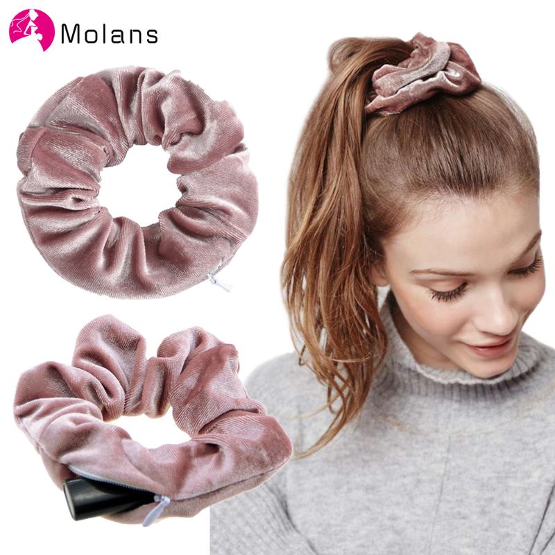 

Molans New Fashion Retro Zipper Large Intestine Elastic Hair Band Velvet Tencel Pocket Wallet Hair Scrunchies Accessories