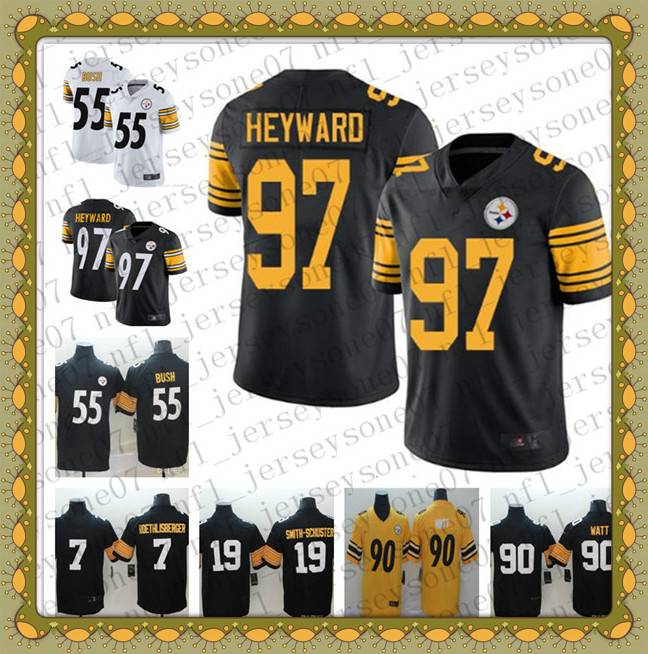 

2020 Men's Pittsburgh Steelers 19 JuJu Smith-Schuster 90 T.J. Watt 7 Ben Roethlisberger 55 Devin Bush white Football Jerseys, Black