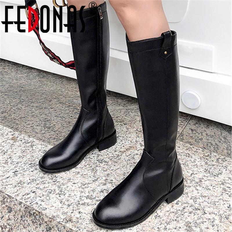 

FEDONAS Concise Designer Knee High Boots Genuine Leather Thick Heels Shoes Woman Heel 2020 Winter Office Lady Knee High Boots1, Blackr