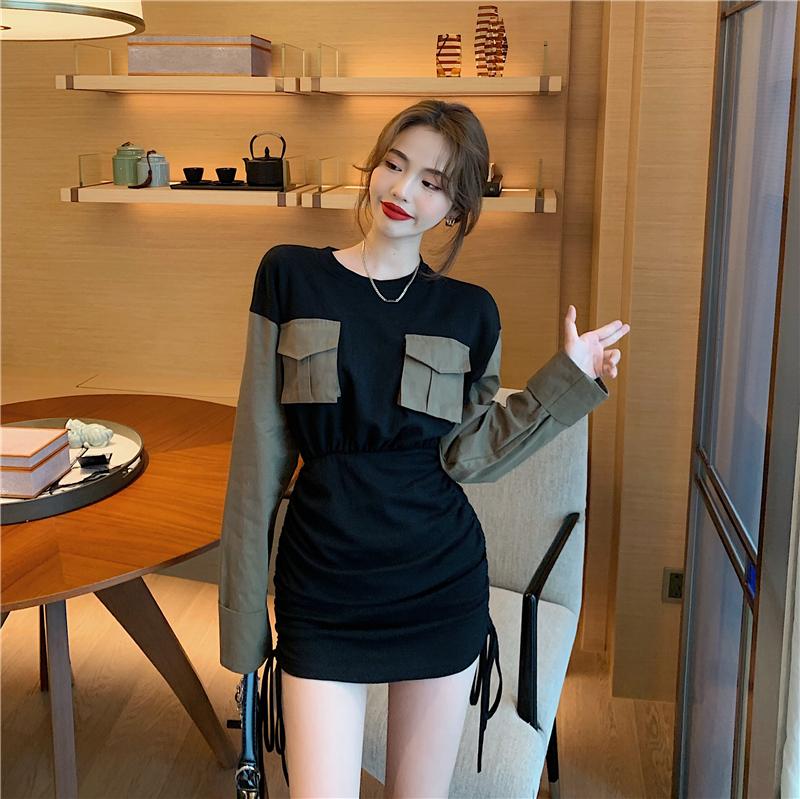 

Casual Dresses Autumn Tight Wrap Hip O Neck Long Sleeve Dress Mini Drawstring Waist Patchwork Retro Vestido Mujer High Sexy, Black;gray