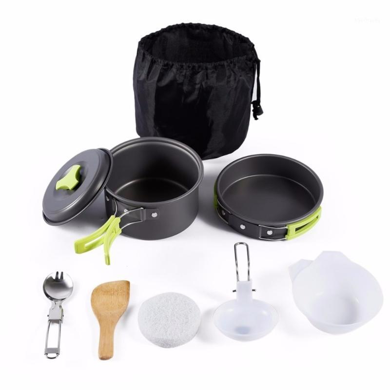 

New 8PCS Portable Outdoor Cooking Tool Picnic BBQ Pot Pan Plate Cup Set Stainless Steel Tableware Cutlery Camping Cookware Set1