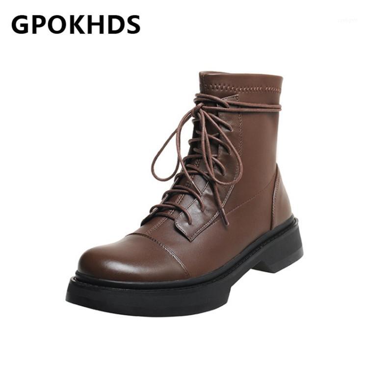 

GPOKHDS 2021 women Ankle boots Cow leather Winter short plush Round Toe Lace-Up Med heels female Riding boots size 391, Black