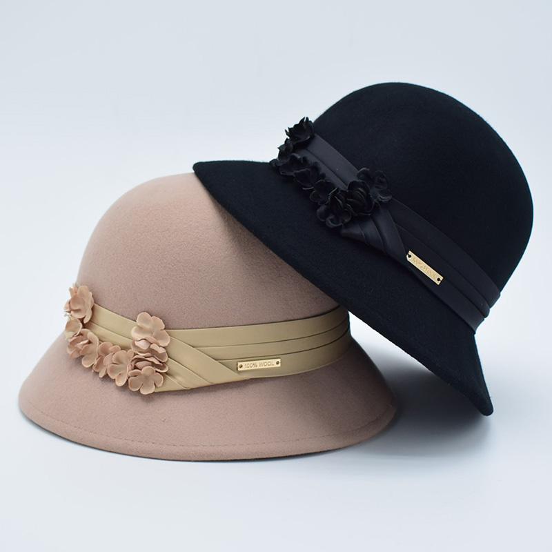 

LongBaiLi Winter 100% Guarantted Wool Felt Floral Bucket Hat For Women Chapeau Fedoras PWSV057, Black