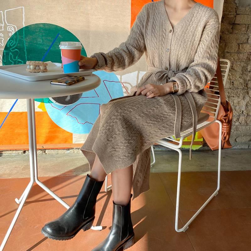 

2020 Women Sweater Dress Korean V-neck Single-Breasted Belt Knitted Long Dress Autumn and Winter Elegant Office Ladies, Brown
