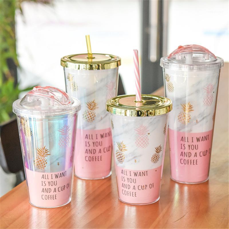 

Creative Portable Mug Gold Plating Pineapple Plastic Double Layer Summer Juice Icecream Cup With Straw Coffee Milk Cup1