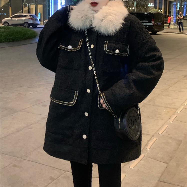 

Real Shot 2020 winter new Korean mid-length black small fragrant lamb wool large fur collar warm jacket