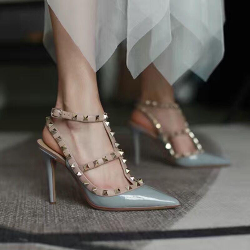 

Designer Pointed Toe 2-Strap Sandals with rivet high heels Patent Matte Leather Women Girl Strap Dress Shoes valentine Shoes, Color 6