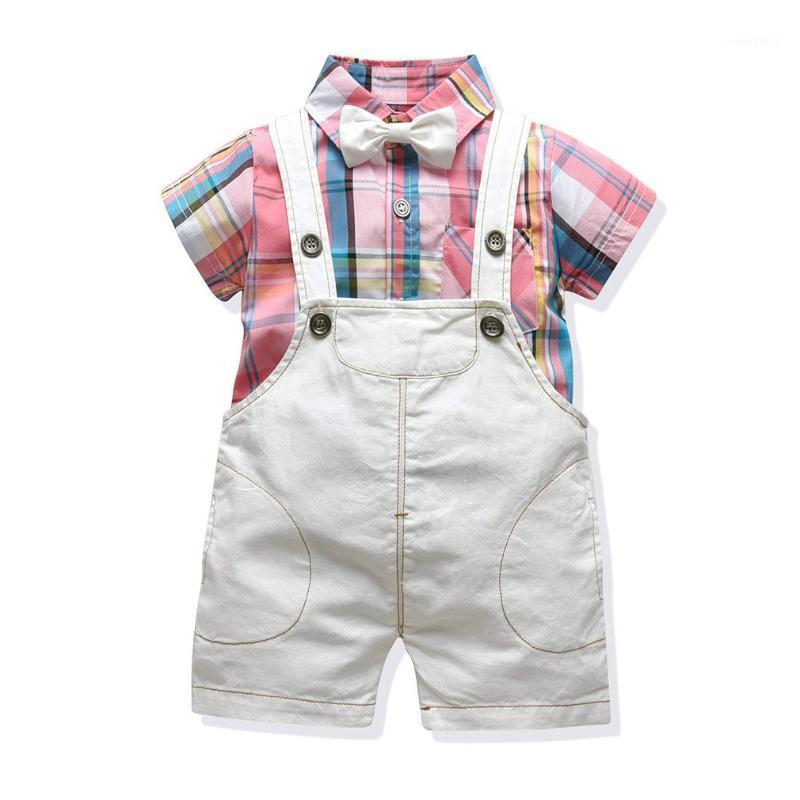 

Toddler Baby Boys Clothes Infant Kids Short Sleeve Sets New Fashion Plaid Shirt Overalls 3 Pcs Children Costume Party Dress1, Khaki overall set