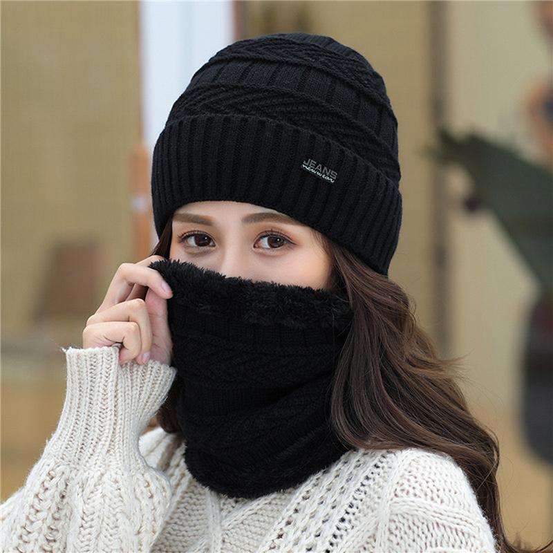 

High Quality Women's Knitted Hat Ladies Bib+Caps Warmer Winter Hats for Female Women Solid Color Beanies Cap 5 Colors, Red wine