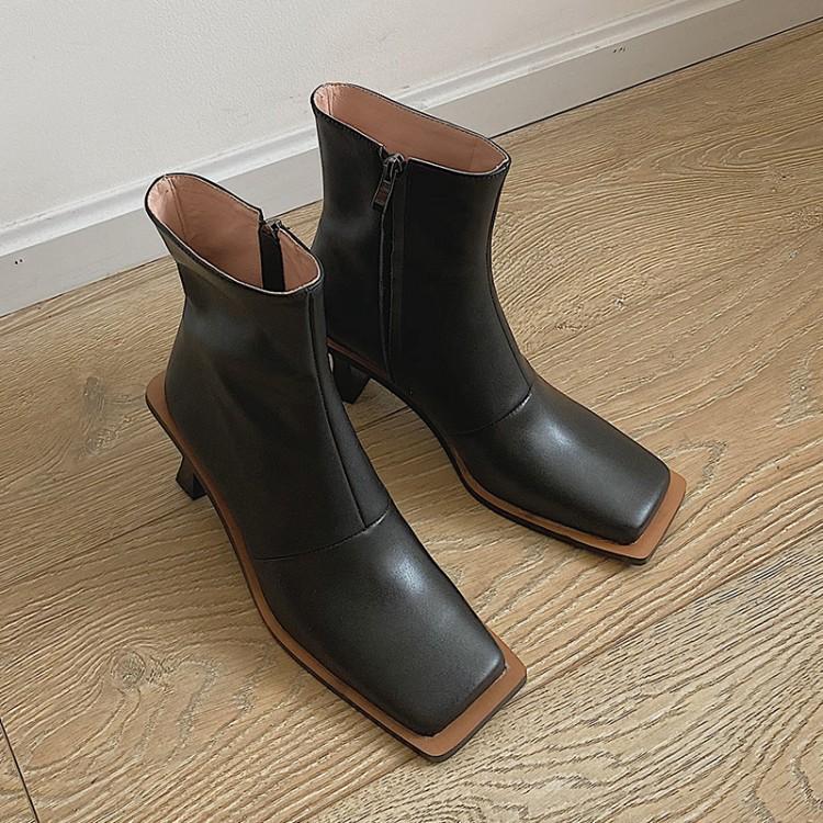 

Bright2021 Fall / Winter Women's Short Boots: High Heeled Single Boot Square Head Zipper Thi Heel Bare Boots, Black