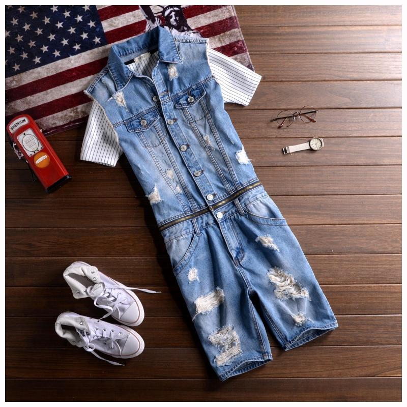 

Summer men's sleeveless denim jumpsuit jeans shorts detachable waist casual work clothes overalls, Blue