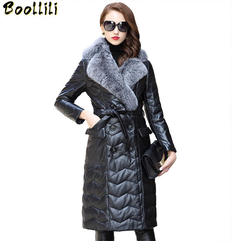 

Boollili Women's Real Leather Jacket Winter Sheepskin Down Jacket Fur Collar long Ladies Geniuin Leather Jackets 2020, Black