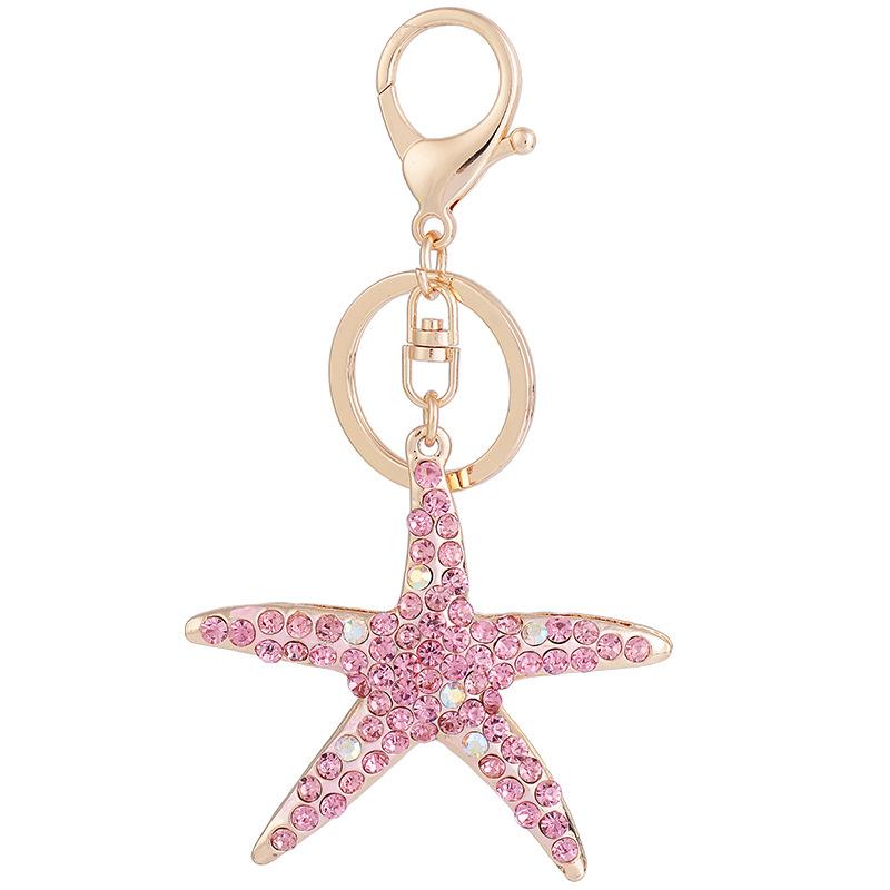 

Marine Style Keychains Classical Starfish Shape Pendant Full Clear Pink Crystal Gold Color Metal Women's Key Chains Rings