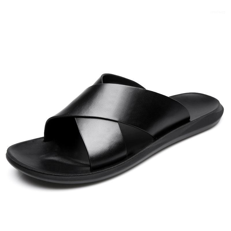 

New Men's Slipper Summer Non-Slip Leather Slippers Casual Sandals Beach Shoes Male High Quality Soft Black Flip Flops Footwear1
