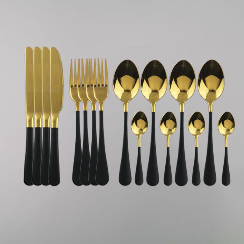 

Luxury 16Pcs Tableware Black Gold Dinnerwar Set Cutlery Mirror Forks Knives Spoons Stainless Steel Silverware Party Set