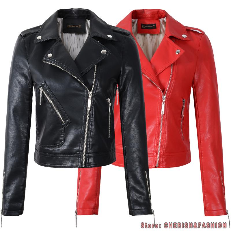 

2020 New Fashion Women Spring Autumn Soft Faux Leather Jackets Lady Motorcyle Zippers Biker Red Coats Black Outerwear Hot Sale, Y8880 red
