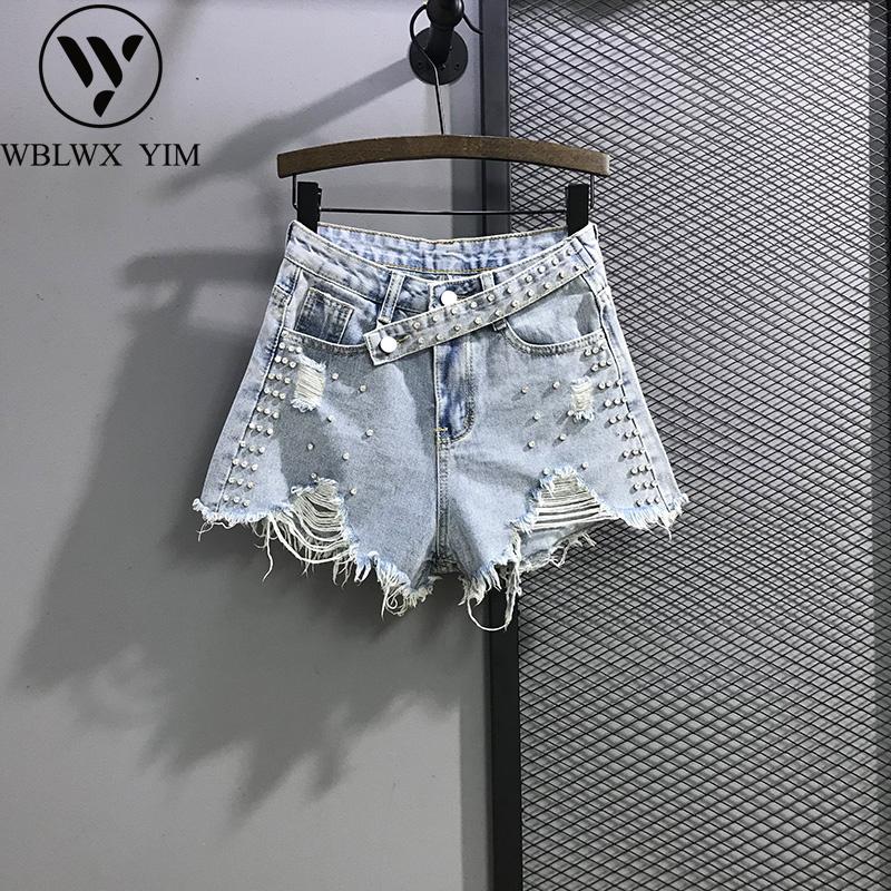 

Summer Women Denim Shorts Fashion Diamonds Hole High waist A-Line Jeans Shorts Female Loose Casual Wide leg Short Pants Jeans, Light blue