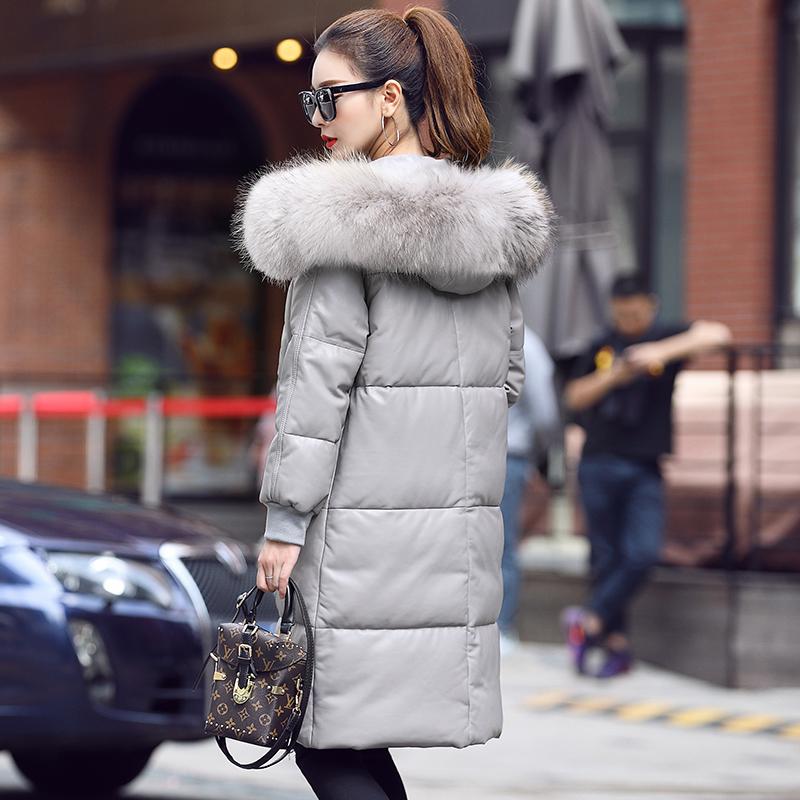 

Real Genuine Leather Winter Jacket Women Long Sheepskin Coat Women' Down Jackets Raccoon Fur Collar Warm MF9212, Black