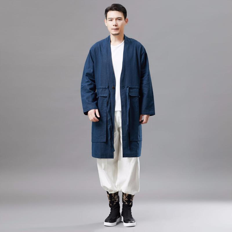 

Men Belt Cotton Linen Long Shirt Cardigan Trench Coat Outerwear Spring Autumn Male Retro Chinese Style Jacket Overcoat, Black