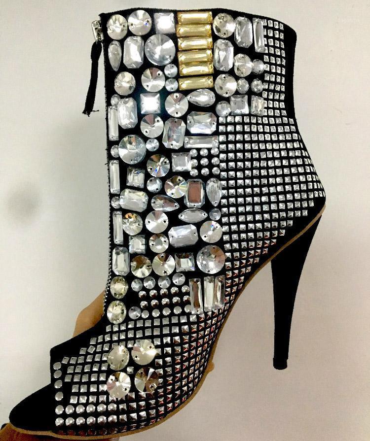 

New Open Toe Bling Rhinestones Spike High Heels Ankle Boots Real Pictures Zipper-up Short Glitter Crystal Gladiator Boots1, As picture1