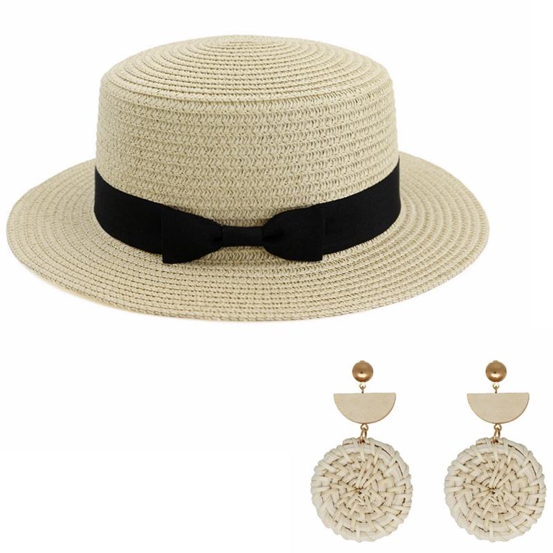 

Parent child Beach Hat Female Casual sun Hats Lady Women Flat brim Bowknot Straw cap girls Sun Hat, Child beige
