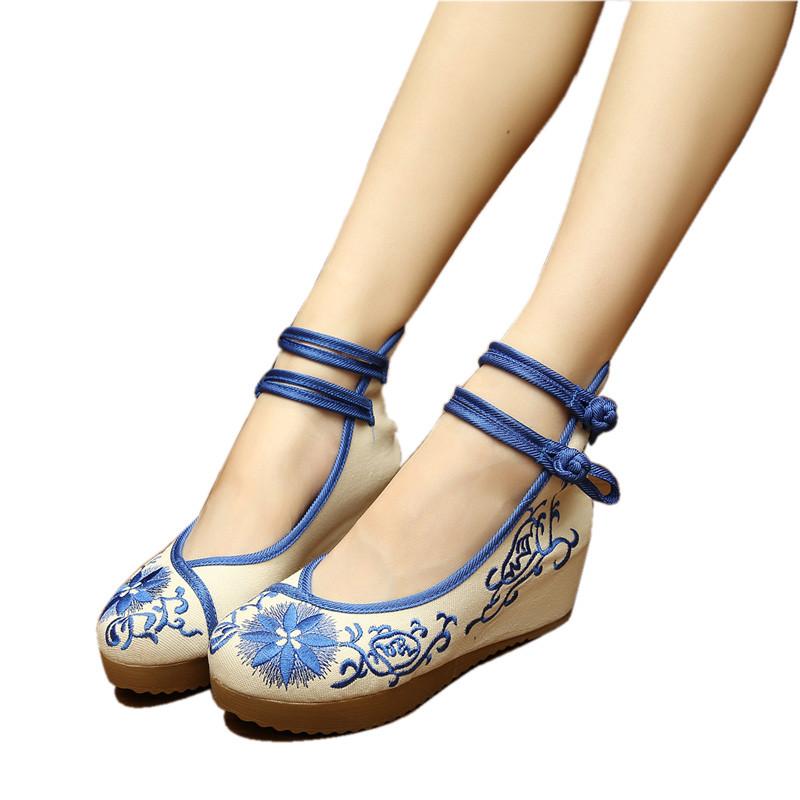 

Chinese Style Embroidery Wedge Shoes Woman Platform Mary Janes Pumps Women Shoes Old Peking Cloth Big Size 34-41 XKD8068, Blue
