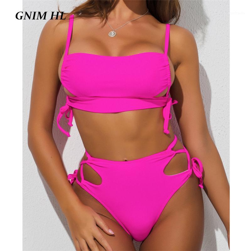 

GNIM High Waist Bikini Swimwear Women 2020 Sexy Hollow Out Bandage Brazilian Swimsuit Female Two Pieces Solid Swimming Suit New1